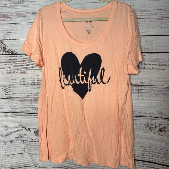 Torrid Short Sleeve V-Neck T-Shirt Coral Beautiful Heart Logo 1X - Picture 1 of 3